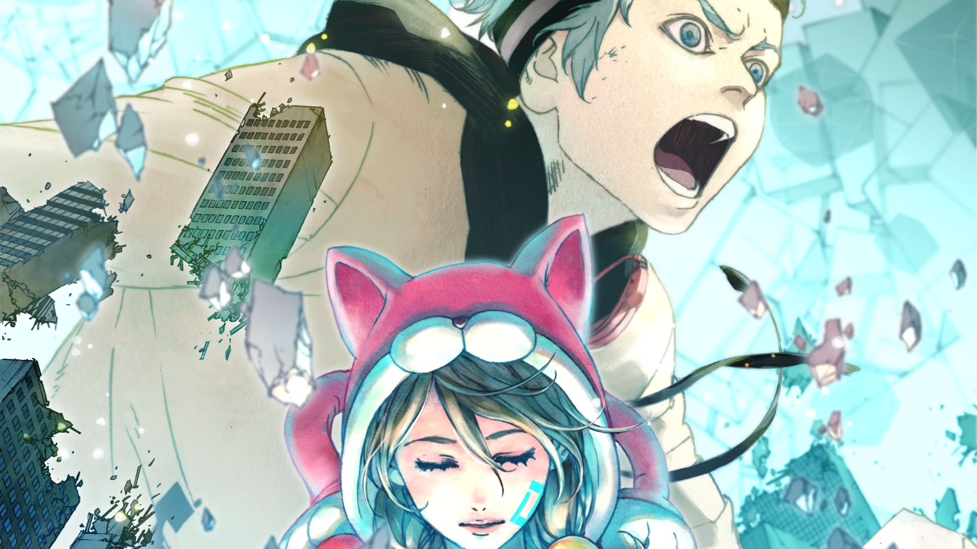 Anonymous code hero art showing two characters, on below, a woman in a pink onesie, one above and massive, a boy with turquoise hair.