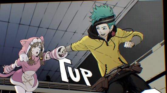 Anonymous Code release date art showing two people jumping off a ledge in a steely grey building. One is. boy with yellow top and turquoise hair, the other a girl in a pink onesie.
