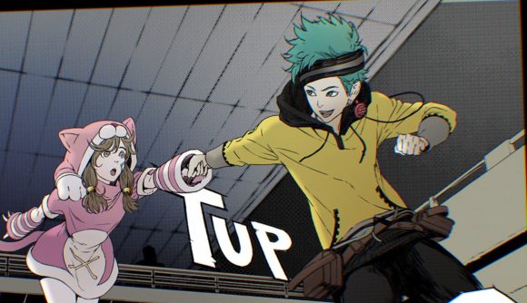 Anonymous Code release date art showing two people jumping off a ledge in a steely grey building. One is. boy with yellow top and turquoise hair, the other a girl in a pink onesie.