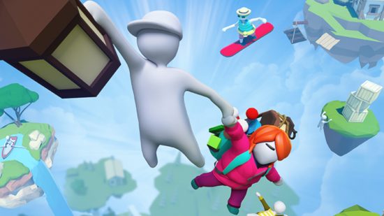 Apple Arcade March releases: Key art of Human Fall Flat zoomed in to focus on the white character holding onto a lantern with one hand and a ginger haired other character in a red jumpsuit with the other.