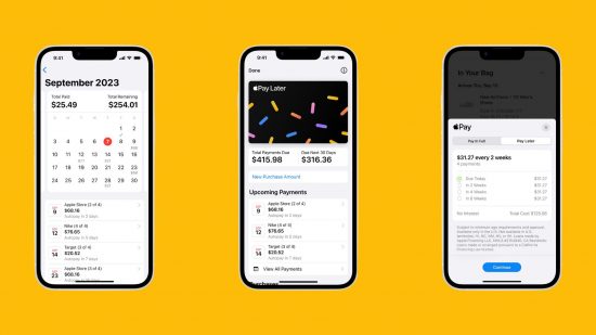 Apple Pay Later on three iPhones in a line on a mango yellow background. There are various menu options on each, like the calendar on the left, the virtual card in the middle, and the payment page on the right.