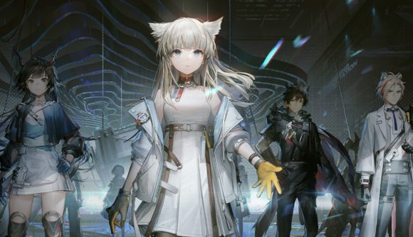 Arknights Endfield release date: A promotional graphic showing variousn characters from the game. Central to the image is a cat girl with bangs and long white-blonde hair