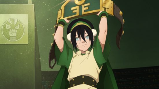 Avatar Generations Omashu expansion: Art of Toph wearing her earth bender outfit holding up a green and gold prize belt on a green background, suggesting that she has won a fighting competition.