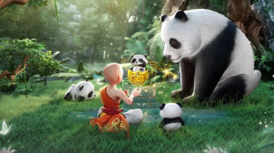 avatars saga release: some pandas and a human in a forest