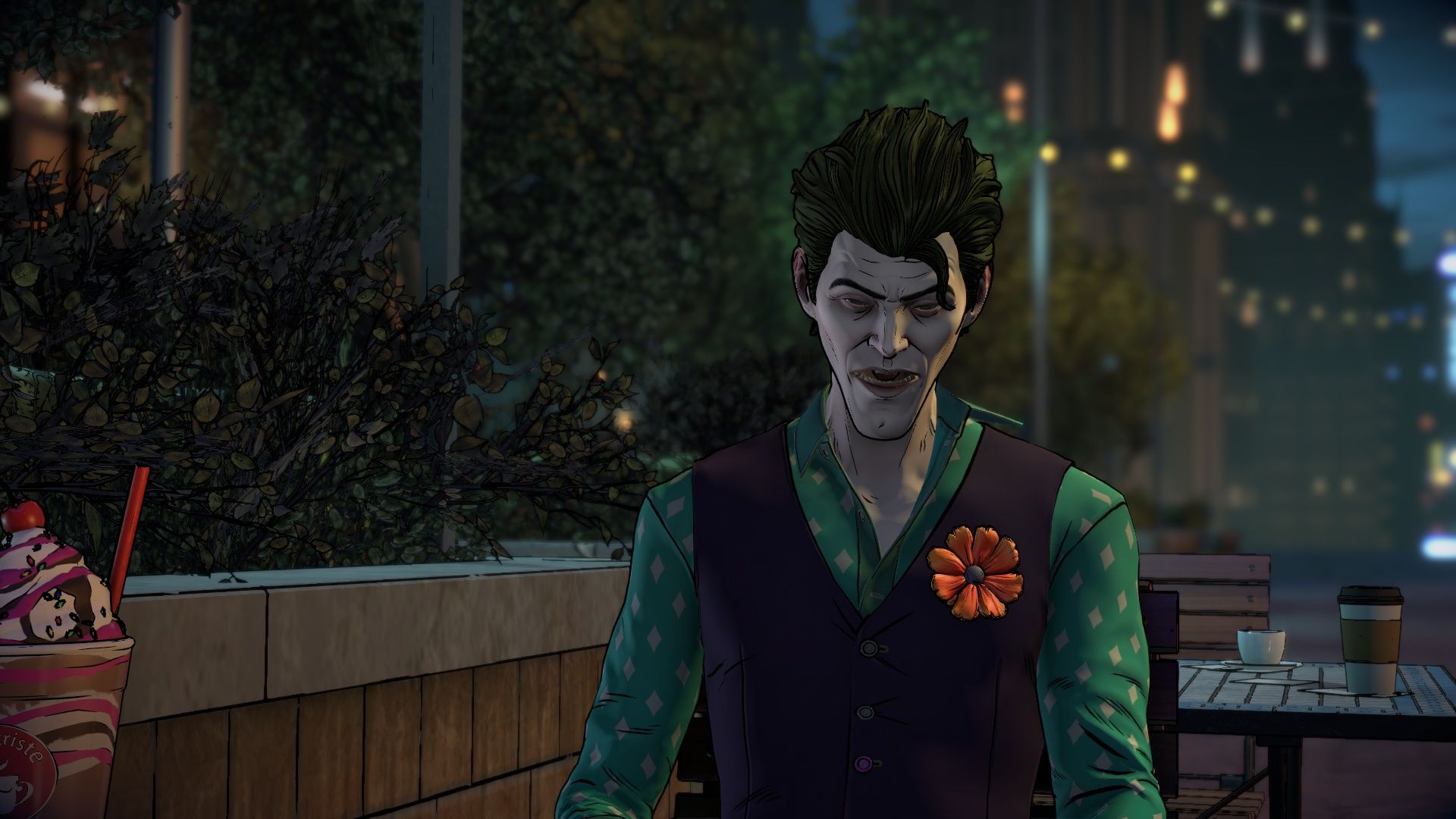 Batman games - the Joker, a man with short hair, green shirt, purple vest with flower in the pocket, outside looking forlorn.