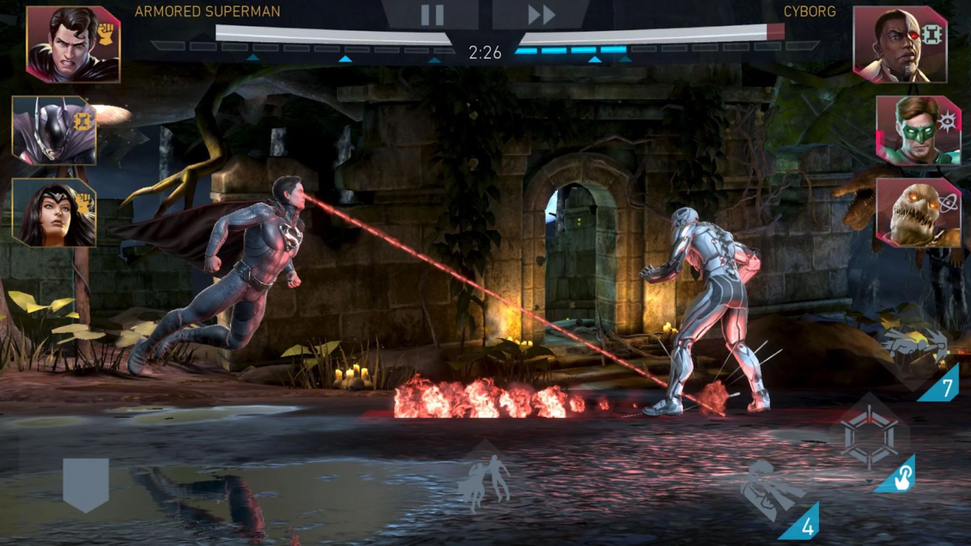 Batman games - Superman fires laser eyes at Cyborg in a side-on view of the two fighting.