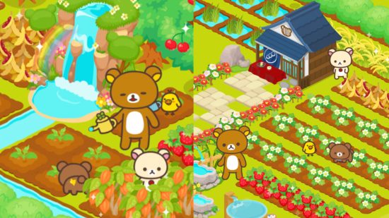 Bear games: Two screenshots from Rilakkuma Farm showing the different farm plots and decorations.