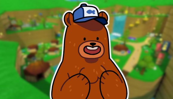 Bear games: Hank the bear from Bear and Breakfast smiling widely with his paws in front of him, pasted on to a blurred background of Super Bear Adventure and outlined in white.