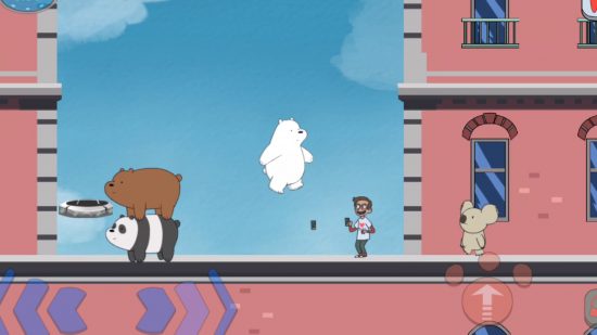 Bear games: A screenshot from the We Bare Bears mobiler game showing Grizzly standing on top of Pandda, and Ice Bear jumping towards a human and NomNom the koala.