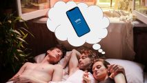 Best Tinder VPN: image shows a couple of three sleeping in a bed dreaming about a VPN.