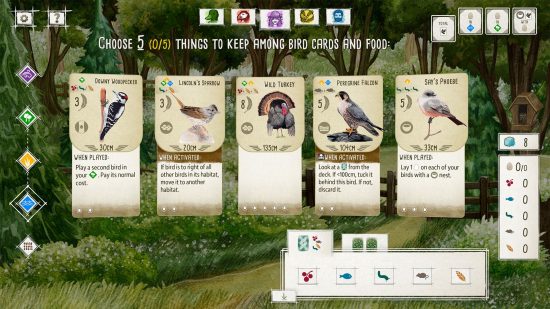 bird games Wingspan: cards laid out in a game of Wingspan