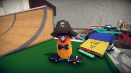 juegos de pájaros skatebird: un pájaro con sombrero de pirata en una patineta