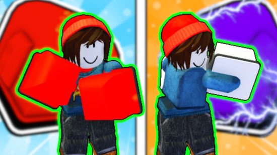 Boxing Fighters Simulator codes: Two Roblox avatars with brown hair under a beanie wearing large boxing glovbes, outlined in neon green. The background is a picture of two massive gloves slightly blurred.
