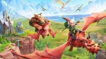 Call of Dragons' unit types -- two dragons flying over a grassy plain below a blue sky. Riding the dragons are two different people. On the left is a large goblin man-type thing. On the right is a woman with white hair and a green tunic.
