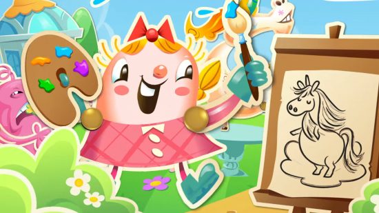 Candy Crush screenshot for Prime Gaming news with a character doing a painting