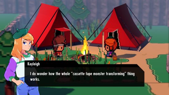 Cassette Beasts intreview - a campfire, two red tents, and two charcters sat around it on grass by a dirt track. One character is fully drawn superimposed, with a text box saying "I do wonder how this whole "cassette tape monster transforming" thing works."