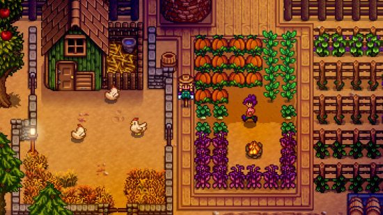 chicken games Stardew Valley: A farmer with their field of crops
