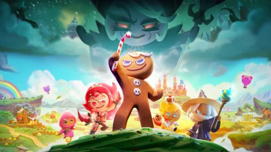 Key art for Cookie Run Kingdom characters guide with assembled cookies looking up at the sky