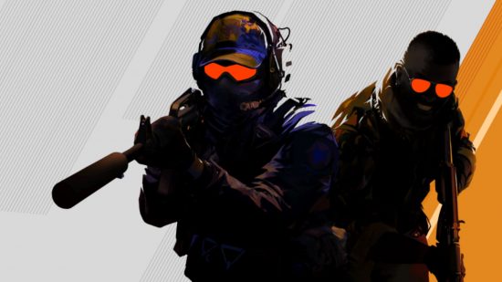Counter-Strike 2 mobile - two silhouetted soldiers on a white and orange background. They Bothe have glowing red goggles and long rifles.