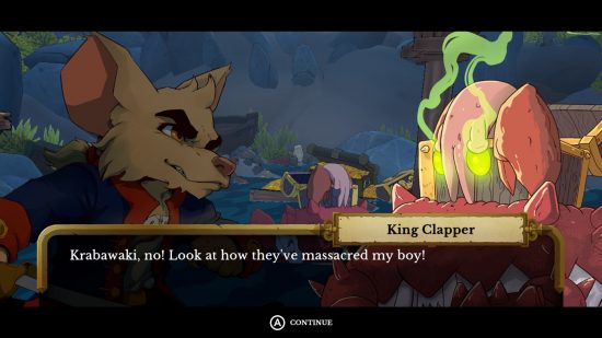 Curse of the Sea Rats review - the crab king boss talking to one of the player characters
