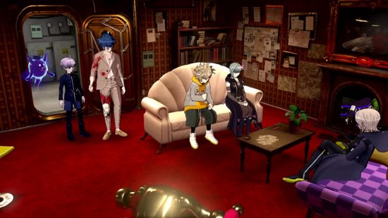 Danganronpa interview - A group of detectives and a ghost sitting on a tan couch