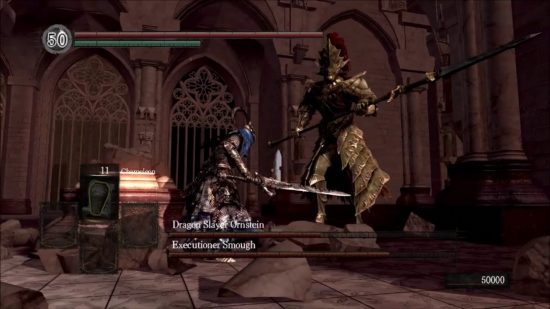 Dark Souls Ornstein boss fight featuring his and Executioner Smough's health bars