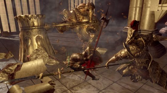 Dark Souls Ornstein slashing his weapon towards the player