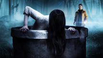 Dead by Daylight Mobile Sadako Rising key art showing Samara climbing out the well while a survivor looks on