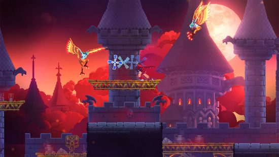 Dead Cells Return to Castlevania DLC review: a screenshot from Dead Cells shows the beheadedone exploring a large gothic castle and avoiding enemies from the castlevania franchise