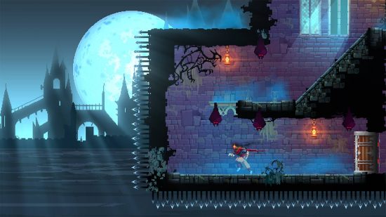 Dead Cells Return to Castlevania DLC review: a screenshot from Dead Cells shows the beheadedone exploring a large gothic castle and avoiding enemies from the castlevania franchise