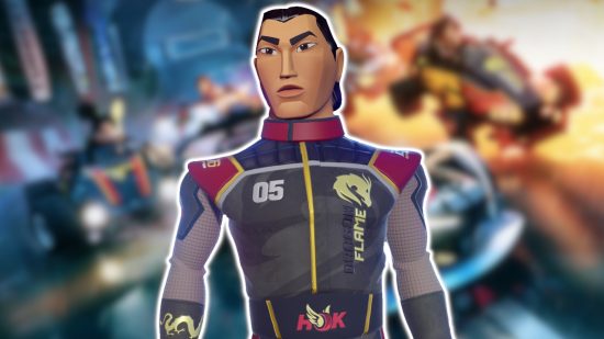 Disney Speedstorm characters: Li Shang from Mulan wearing a black racing suit with red and gold accents. He is outlined in white and pasted on a blurred background.