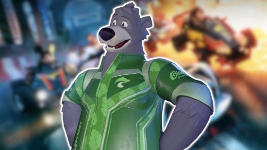 Disney Speedstorm characters: Baloo from The Jungle Book wearing a short sleeved green racing suit with leaf patterns on it. He is outlined in white and pasted on a blurred background.
