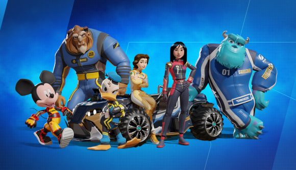 Disney Speedstorm characters: A roster of characters from Disney Speedstorm on a blue background and crowding a car. They are, from left to right: Mickey, Beast, Donald, Belle, Mulan, and Sulley.