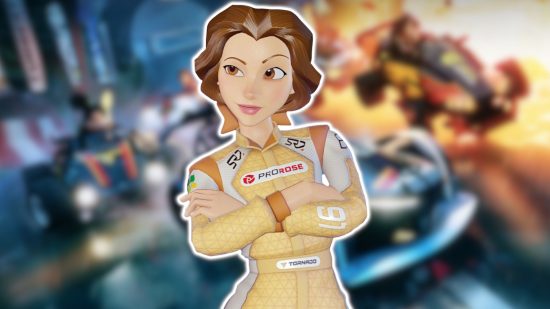 Disney Speedstorm characters: Belle from Beauty and the Beast in a champagne yellow racing suit with her arms crossed across her chest. She's outlined in white and pasted on a blurred screenshot from Disney Speedstorm.
