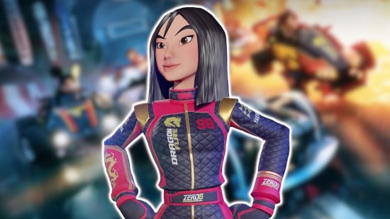 Disney Speedstorm characters: Mulan in a black and red racing suit with gold accents. She is outlined in white and pasted on a blurred background.