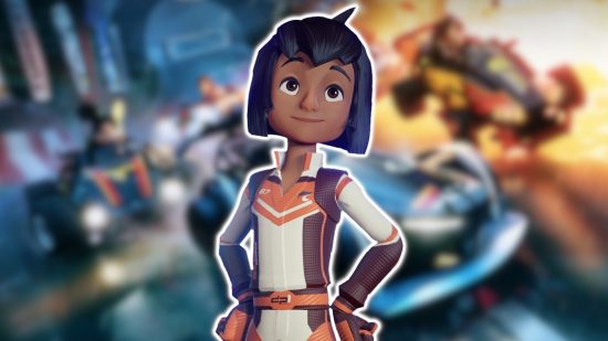 Disney Speedstorm characters: Mowgli from The Jungle Book in a white, orange, and purple racing suit standing with his hands on his hips. He is outlined in white and pasted on a blurred screenshot from Disney Speedstorm.
