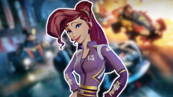 Disney Speedstorm characters: Megara from Hercules in a purple racing suit with gold accents. She is outlined in white and pasted on a blurred background.