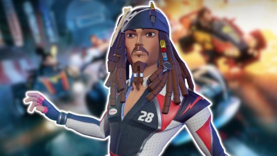 Disney Speedstorm characters: Captain Jack Sparrow in a V neck navy and white racing suit with red accents. He is outlined in white and pasted on a blurred background.