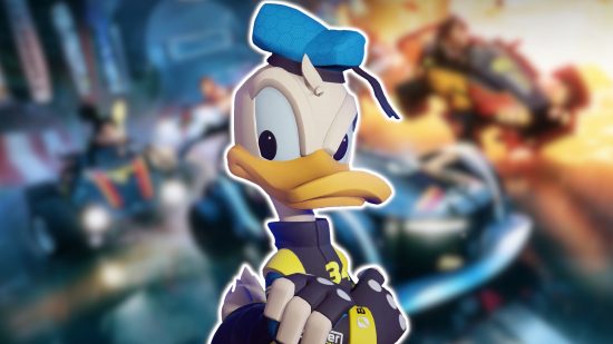 Disney Speedstorm characters: Donald Duck with his arms crossed over his chest wearing a black racing suit with yellow accents. He is outlined in white and pasted on a blurred background.