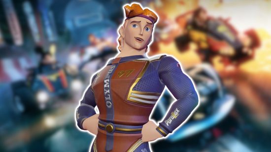 Personajes de Disney Speedstorm: Hércules con un traje de carreras que se parece a su armadura marrón sobre una camiseta azul marino.  Está delineado en blanco y pegado sobre un fondo borroso.