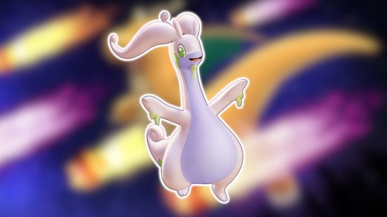 Dragon Pokemon: Goodra outlined in white and pasted on a blurred meteor background.