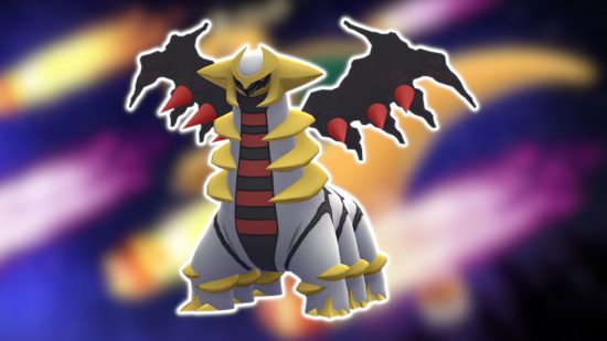 Dragon Pokemon: Giratina outlined in white and pasted on a blurred background.