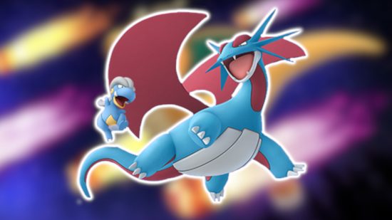 Dragon Pokemon: Salamence and Bagon's 3D models flying together, outlined in white and pasted on a blurred background.