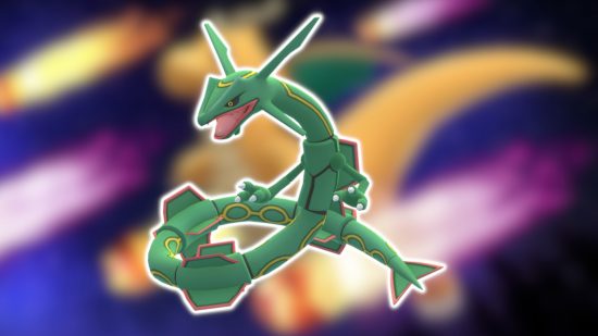 Dragon Pokemon: Rayquaza's 3D model outlined in white and pasted on a blurred background.