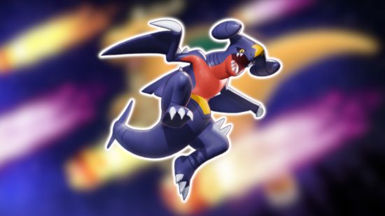 Dragon Pokemon: Garchomp's 3D model from Unite outlined in white and pasted on a blurred background.
