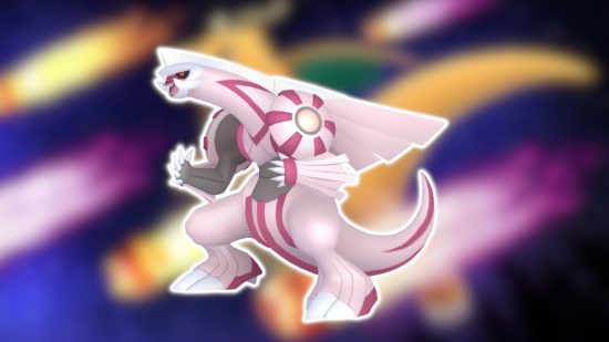 Dragon Pokemon: Palkia's 3D sprite outlined in white and pasted on a blurred background.