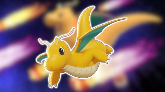 Dragon Pokemon: Dragonite's Unite model outlined in white and pasted on a blurred background.