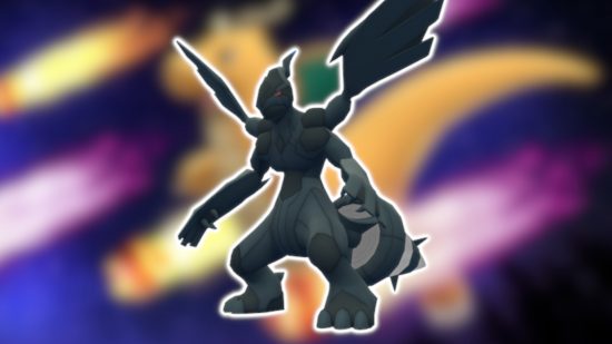 Dragon Pokemon: 3D Zekrom outlined in white and pasted on a blurred background.