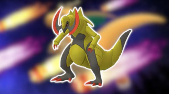 Dragon Pokemon: Haxorus outlined in white and pasted on a blurred background.