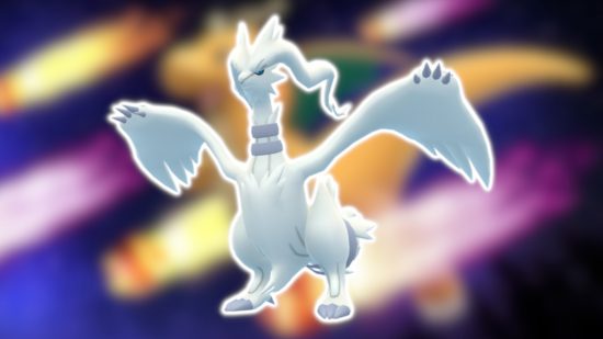Dragon Pokemon: Reshiram outlined in white and pasted on a blurred background.